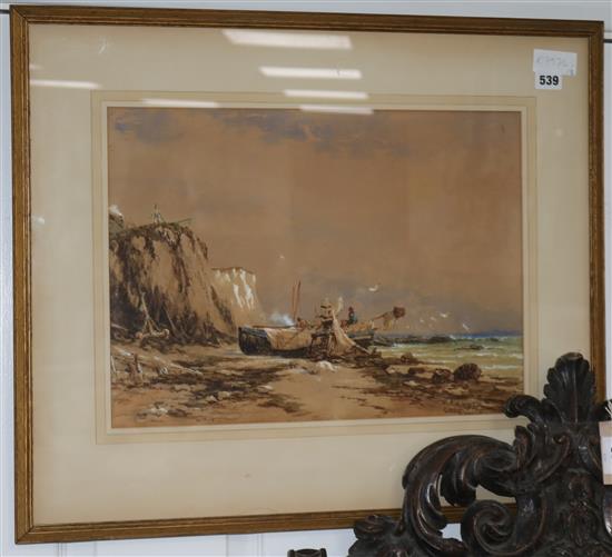 Richard Henry Nibbs, watercolour, fishing boat on Rottingdean beach, signed and inscribed, 33 x 45cm